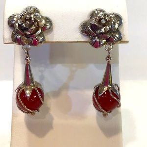 Highly detailed floral sterling silver encased carnelian bead dangle earrings